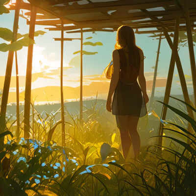 女生沐浴阳光的画,沐浴阳光主题画