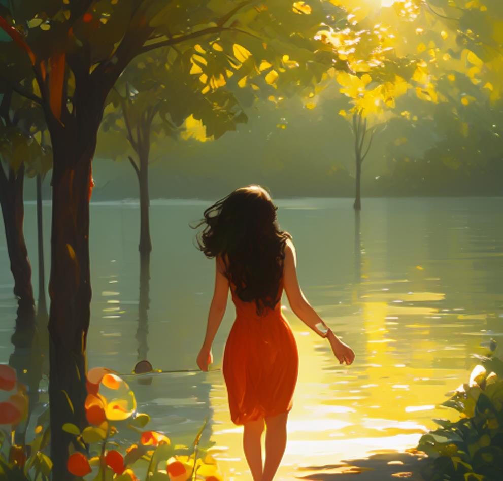 女生沐浴阳光的画，沐浴阳光主题画