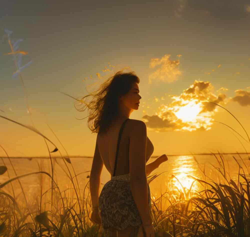 女生沐浴阳光的画，沐浴阳光主题画