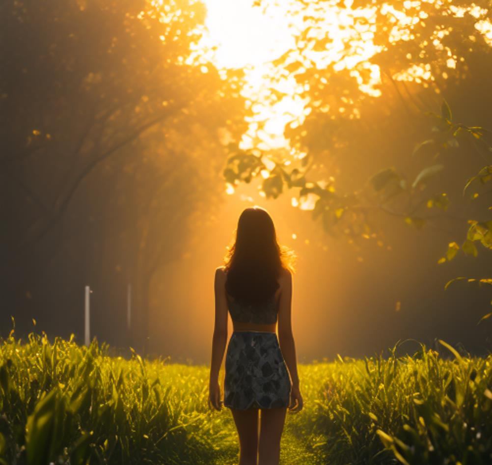 女生沐浴阳光的画，沐浴阳光主题画
