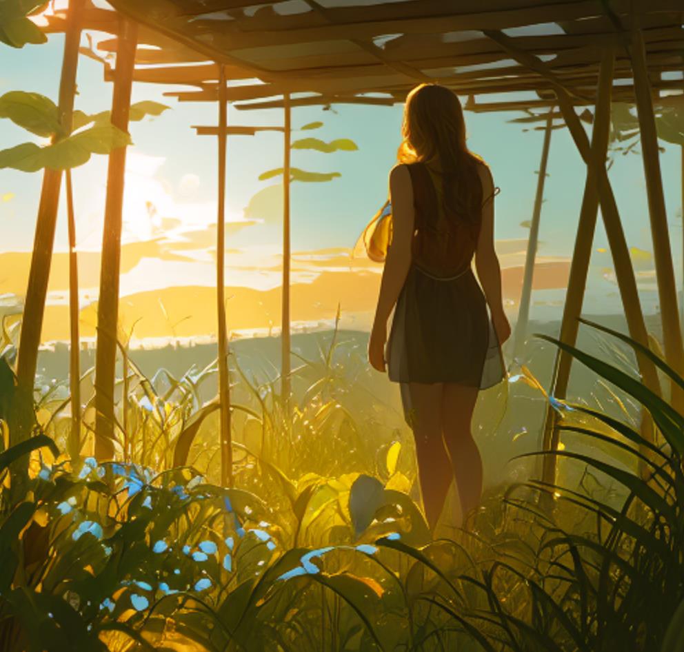 女生沐浴阳光的画，沐浴阳光主题画