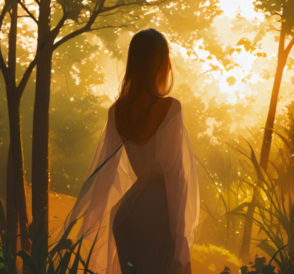 女生沐浴阳光的画，沐浴阳光主题画