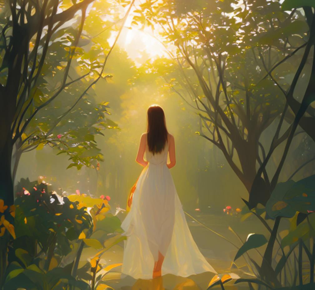 女生沐浴阳光的画，沐浴阳光主题画