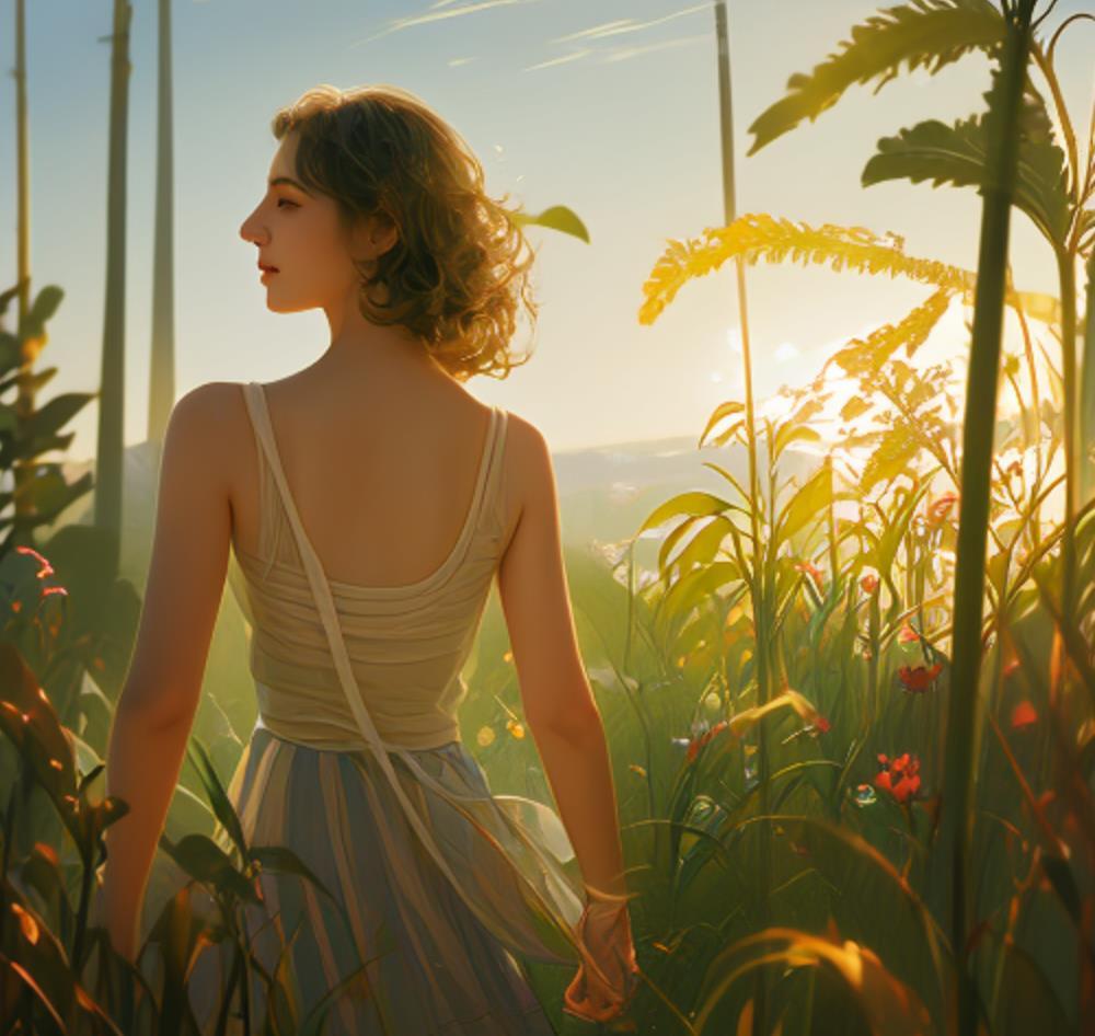 女生沐浴阳光的画，沐浴阳光主题画